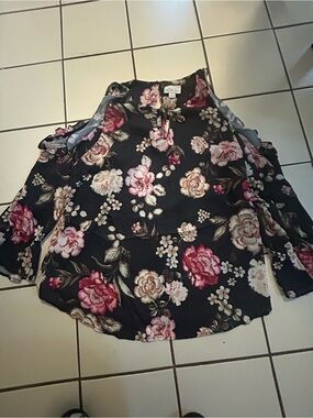 Women’s Black Floral Cold-Shoulder Blouse - Pink & Cream Flowers